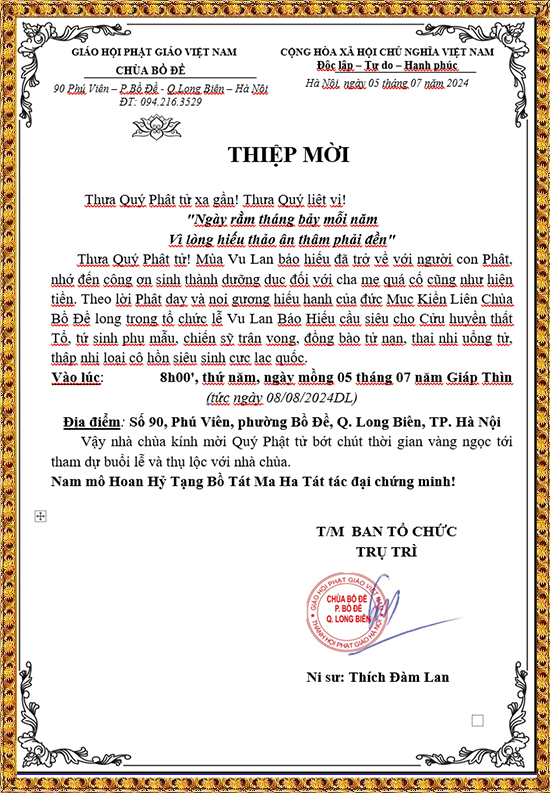 Thư mời tham dự Đại Lễ Vu Lan Báo Hiếu Năm 2024